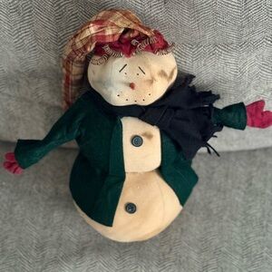 Primitive Handmade Festive Snowman Plush with Green Coat and Red Accents